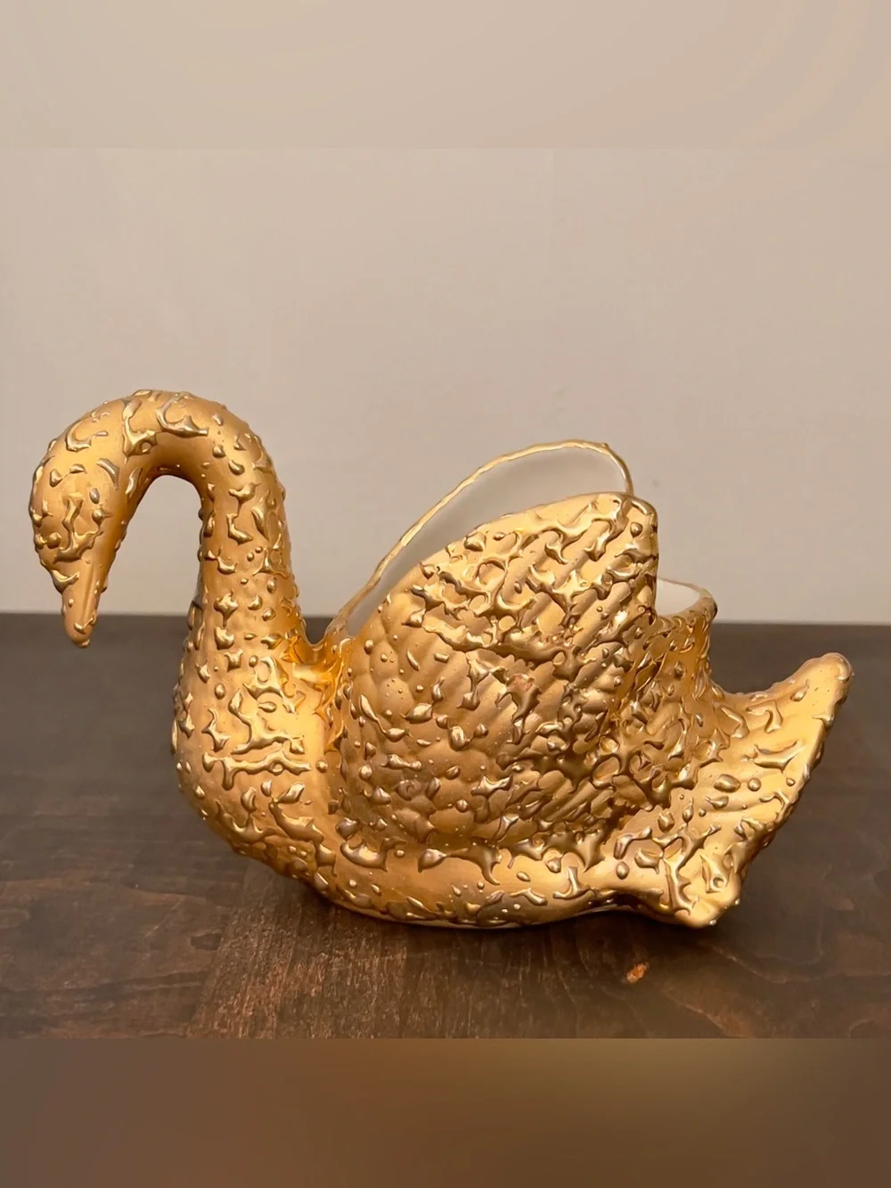 Vintage 22K Weeping Bright Gold Swan Planter MCM Large 9” Flawless